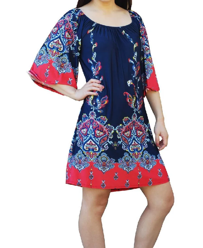 Off Shoulder Tunic Dress Navy Pink Paisley Borders