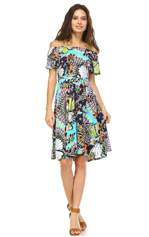 Off The Shoulder Knee Length Dress Butterfly Turquoise