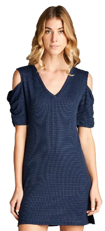 Open Shoulder Ribbed Dress with V Neck Striped Navy