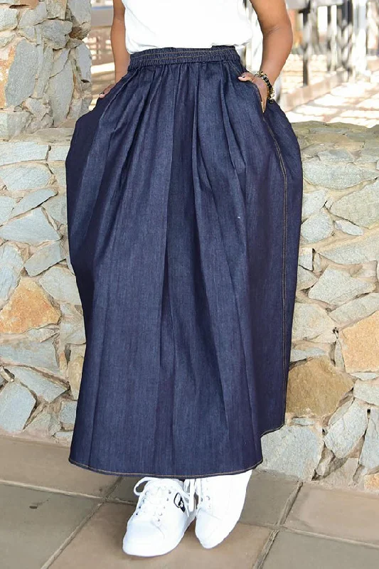 Casual Pleated Solid Denim Long Skirt