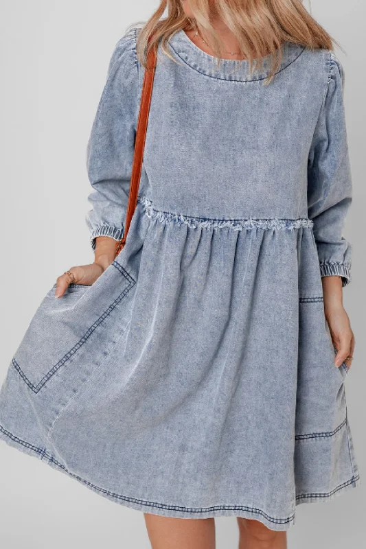 Blue Zone Planet |  Cutout Round Neck Balloon Sleeve Denim Dress