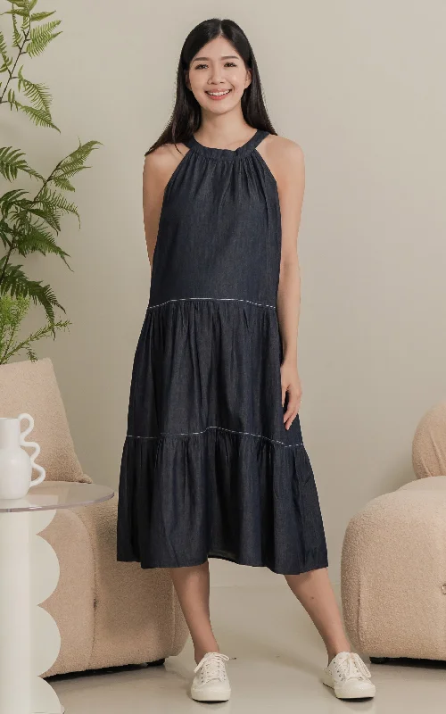 Catalina Flare Cut Nursing Dress in Dark Denim