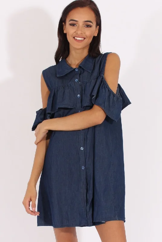 Dark Blue Cold Shoulder Denim Dress - Torrie