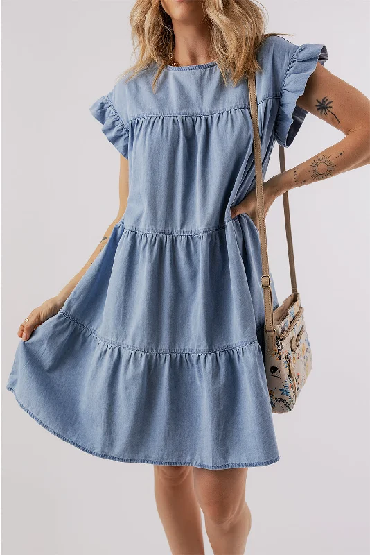 Blue Zone Planet |  Ruffled Round Neck Cap Sleeve Denim Dress