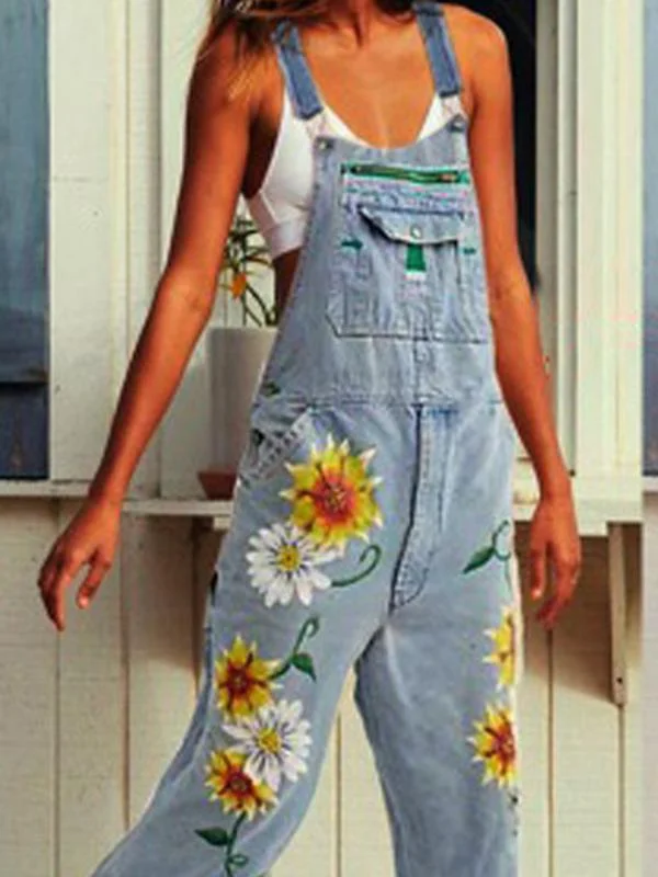 Sunflower Buttons Pockets Long Overall Maternity Denim Jumpsuit