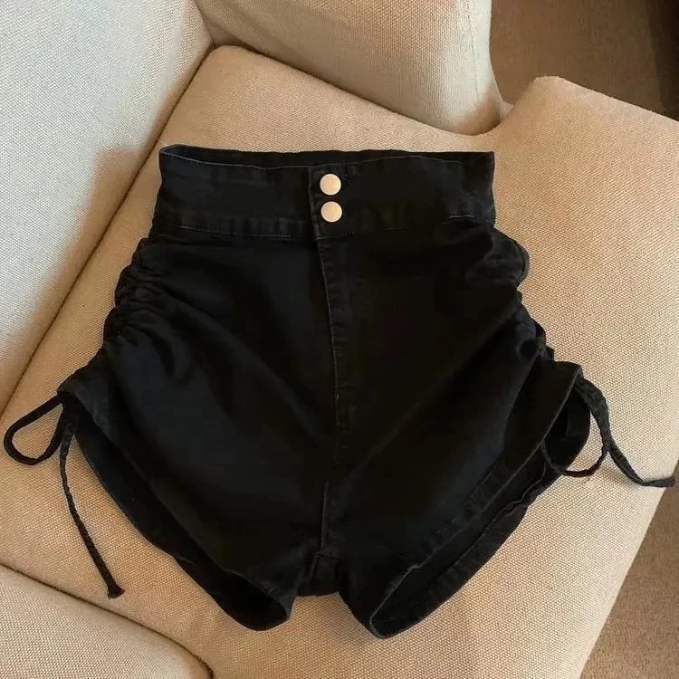 Women High Waist Side Drawstring Denim Shorts