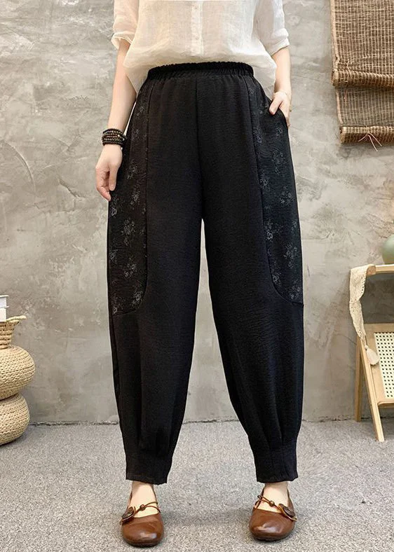 Black Print Pockets Cotton Summer Harem Pants High Waist AU1048