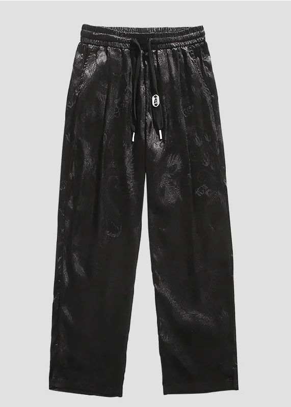 Boutique Black Pockets Jacquard Ice Silk Mens Pants Summer YT031