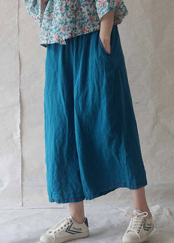 Casual Blue Pockets Solid Linen Wide Leg Pants Summer RE020