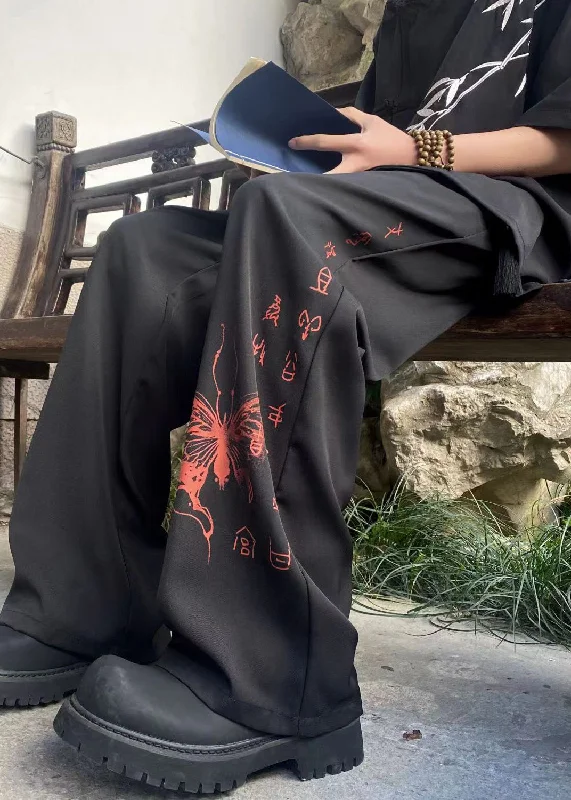 Handmade Black Pockets Print Ice Silk Mens Pants Summer YT039