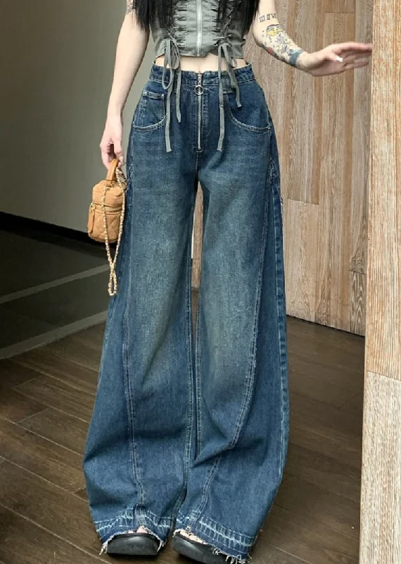 Women Blue Zip Up Pockets Denim Wide Leg Pants Summer PP017