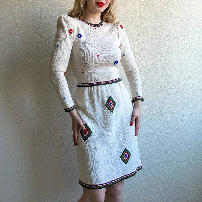 1980s Ivory Sweater Dress With Red and Blue Appliqué (XS/S)