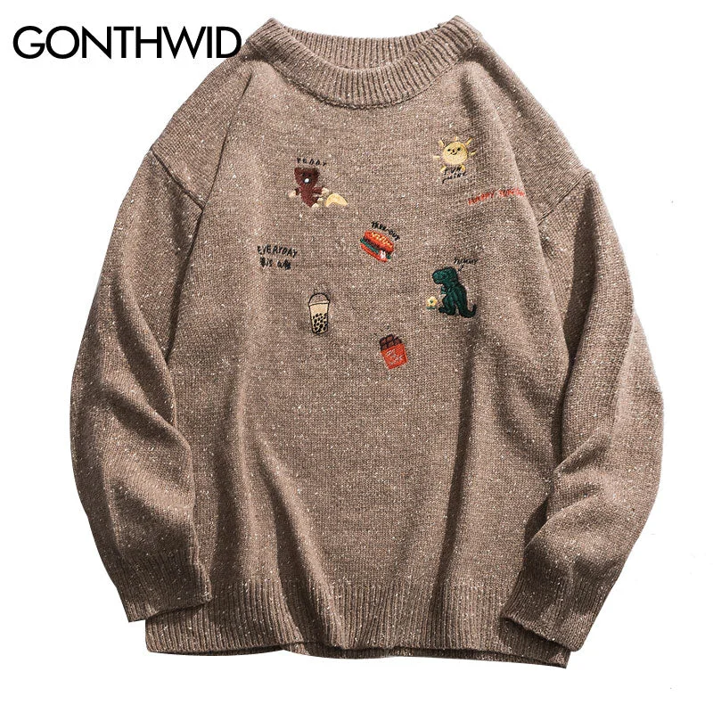 GONTHWID Embroidery Dinosaur Hamburger Bear Pullover Knitted Sweaters Harajuku Casual Knitwear Jumper Tops Hip Hop Streetwear