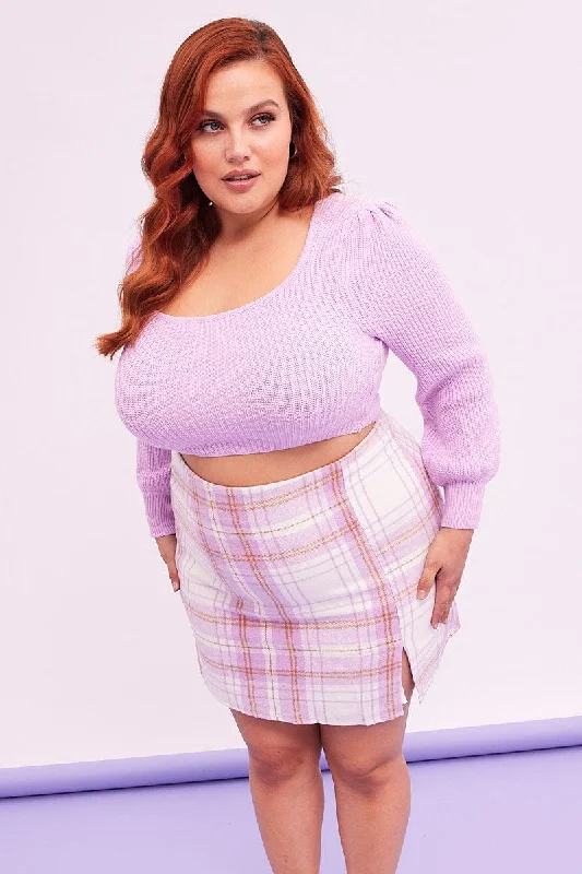 Purple Check Mini Skirt Side Split