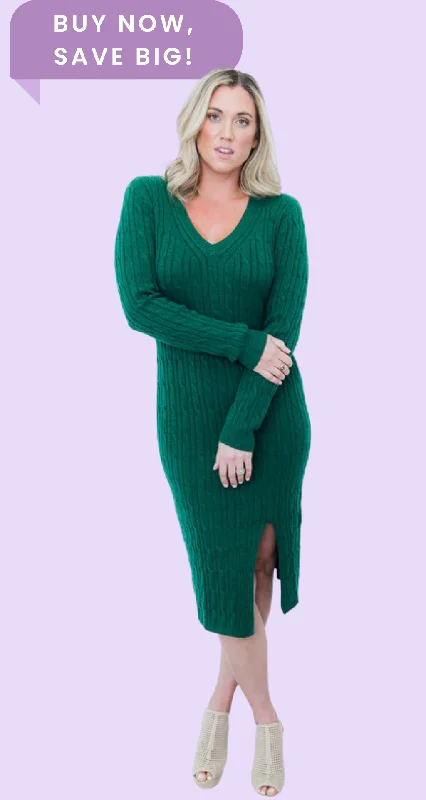 Tall V-Neck Cable Knit Sweater Dress