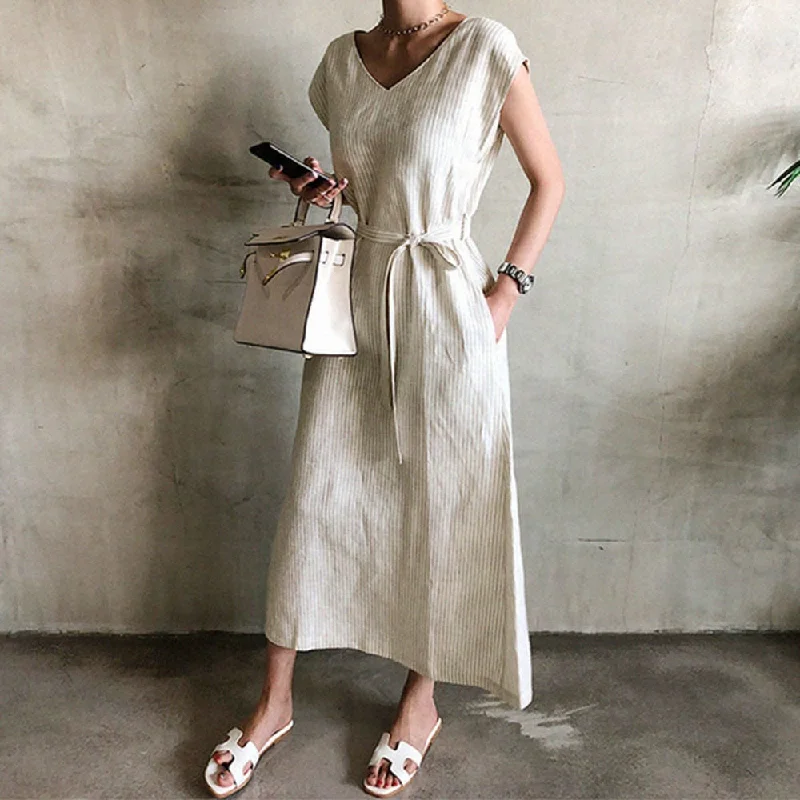 2022 Japan Style Summer Women's Dress Temperament Loose Casual Elegant Stripe Lace V-neck Summer Simple Sale