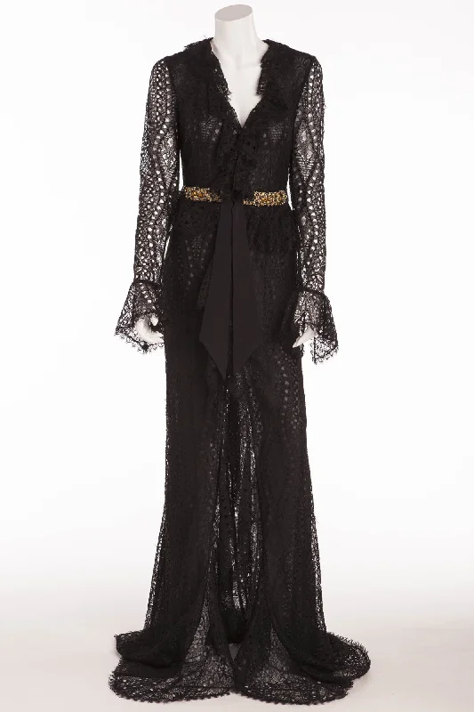 Emilio Pucci - Long Sleeve Black Lace Dress with Gold Beaded Belt - IT 42