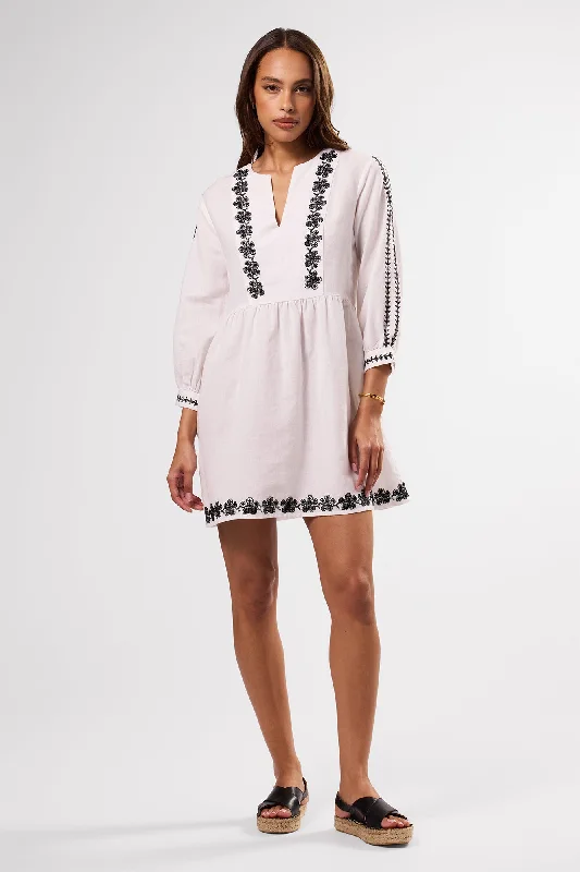 Placed Embroidery Dress - White Black Embroidery