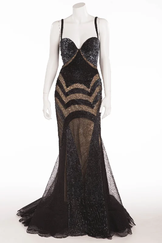 Roberto Cavalli - As Seen On Christina Aguilera - Black Beaded Dress Embellished with Lace - IT 42