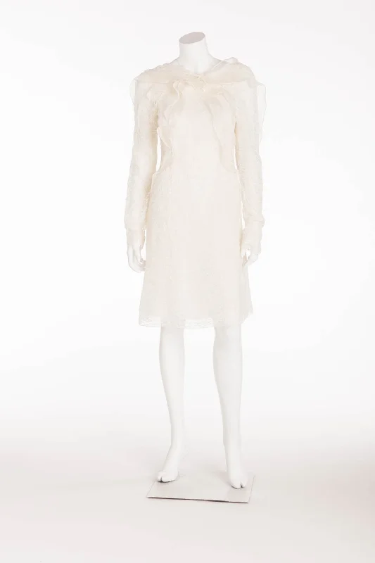 Rochas - Long Sleeve White Lace Dress Button Neck - FR 38