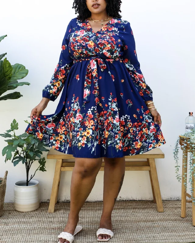 Anna Kaci Plus Size Floral Mix Print Tied Belt Waist Navy Midi Dress - Jn4736