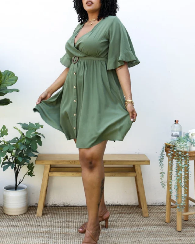 Anna Kaci Plus Size O-Ring Tied Belt Waist Butterfly Flare Sleeve Midi Dress - Jn4723