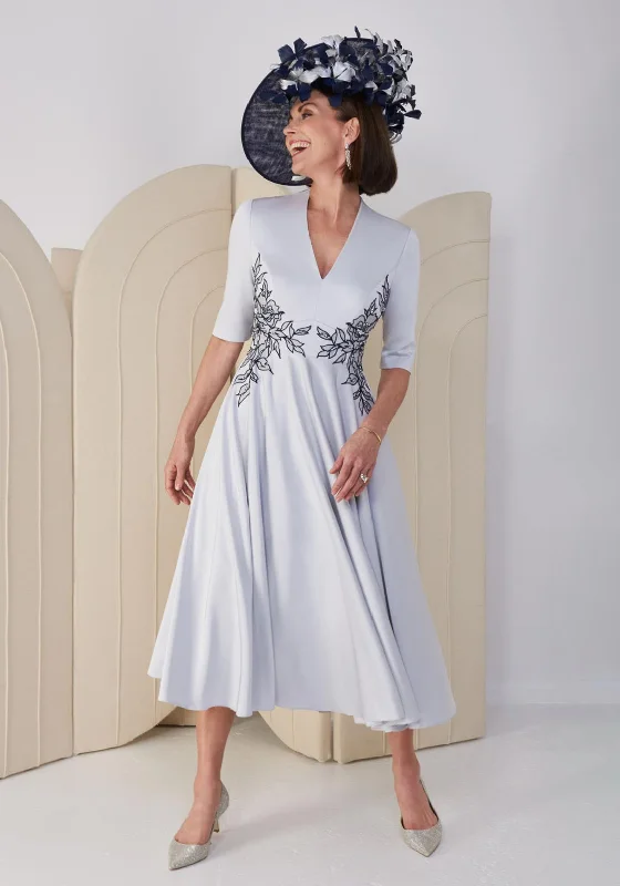 John Charles Embroidered Waist Midi Dress, Silver & Navy