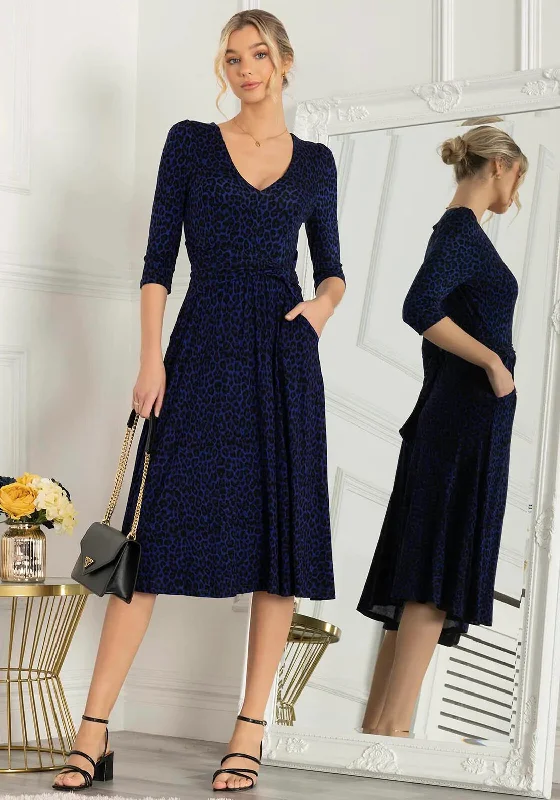 Jolie Moi Delylah Leopard V Neck Midi Dress, Blue