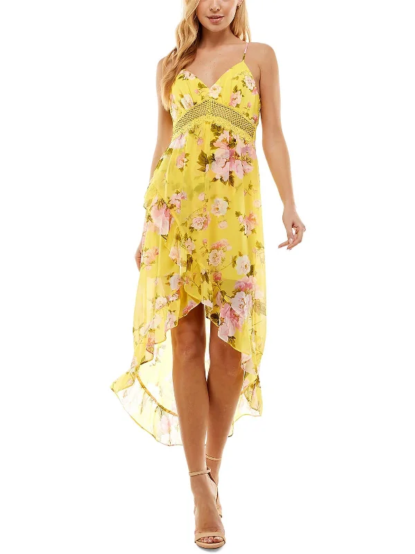 Juniors Womens Floral Printed Hi-Low Midi Dress