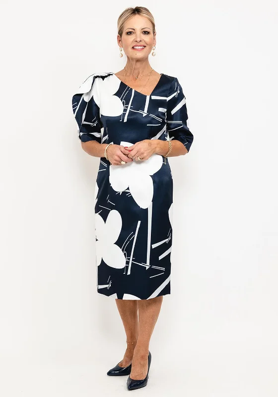 Lizabella Asymmetrical Neck Midi Dress, Navy & White