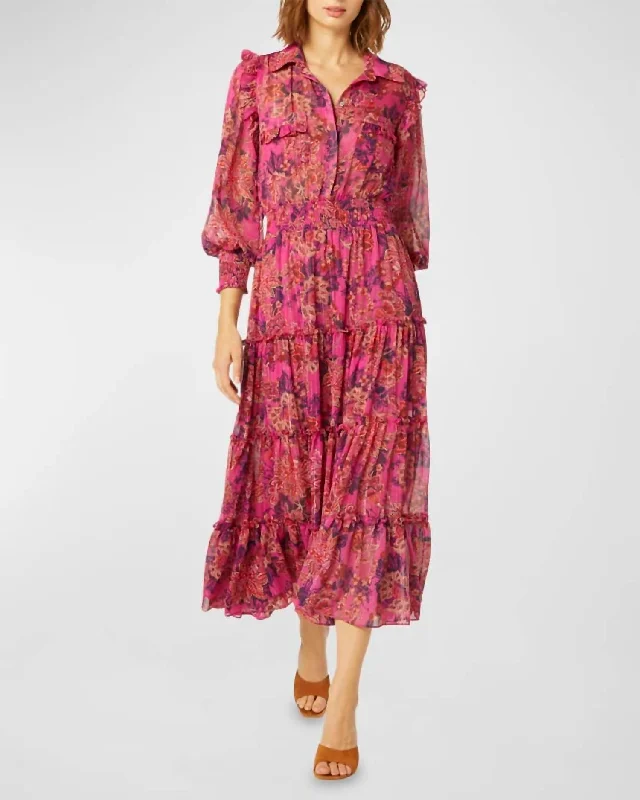 Marjan Smocked Tiered Floral Chiffon Midi Dress in Fuschia Batik