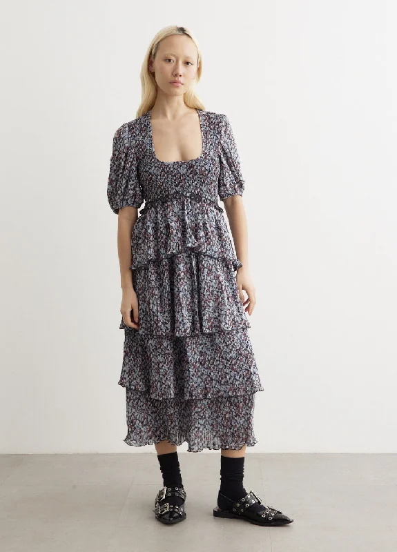 Pleated Georgette Layer Smock Midi Dress