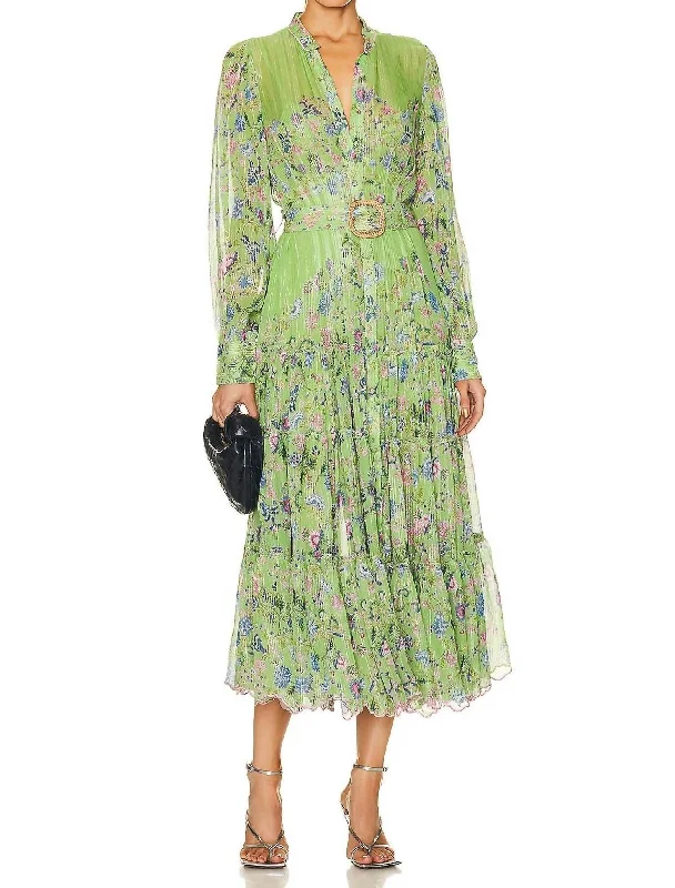 Rhea Midi Dress With Buckle Belt in Pear Green Floral