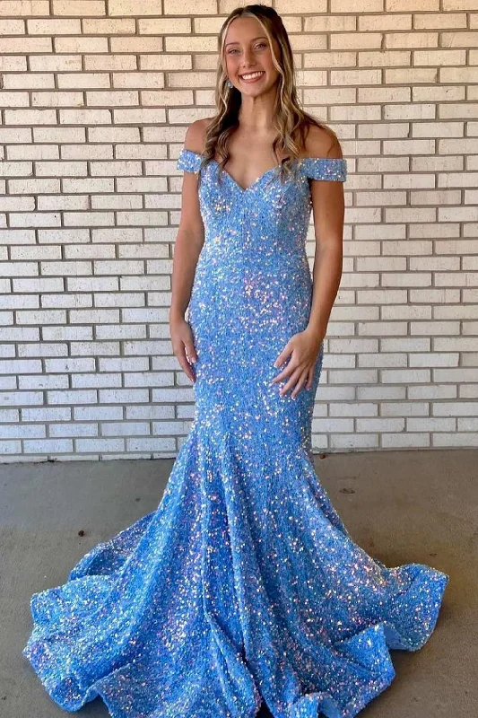 Blue Iridescent Sequin Off-the-Shoulder Trumpet Prom Dress