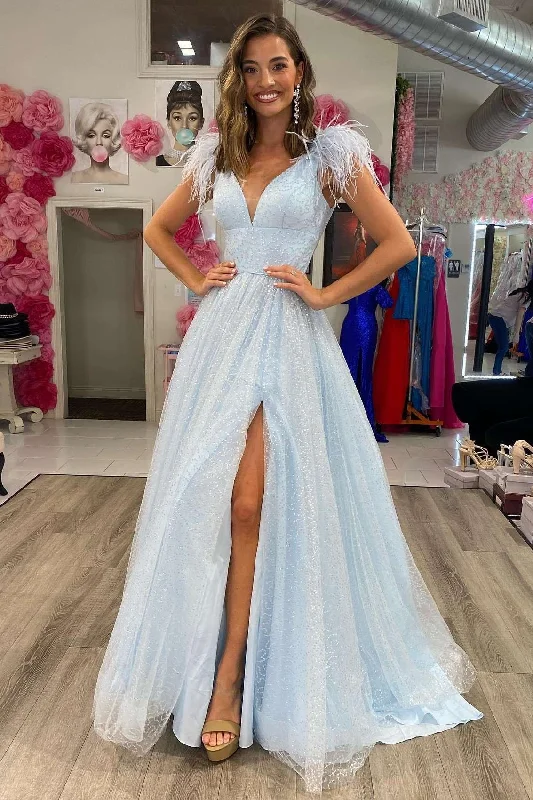 Glitter Light Blue Sequin V-Neck A-Line Feathers Prom Dress