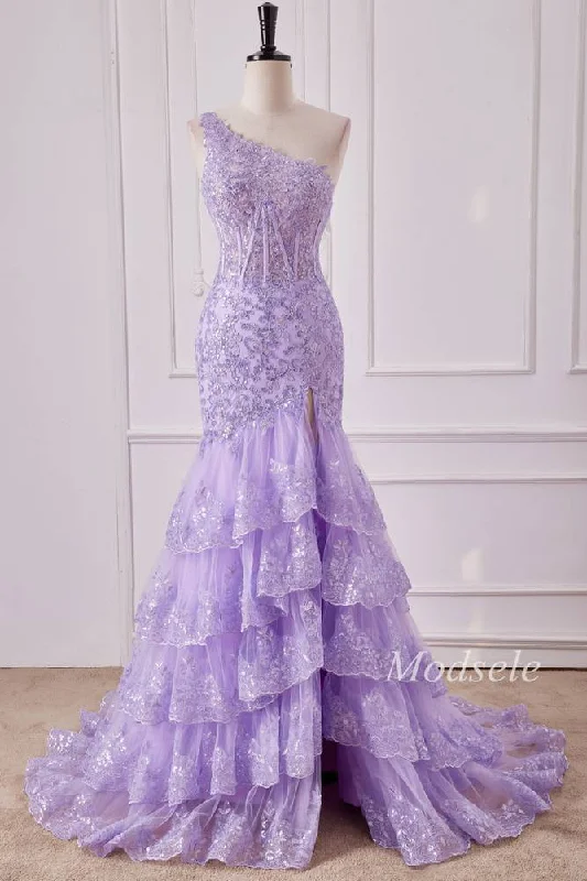 Lavender Tulle Sequin One-Shoulder Ruffle Mermaid Gown with Slit