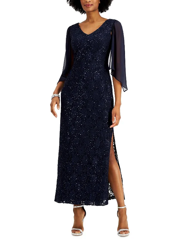 Petites Womens Sequin Lace Evening Dress