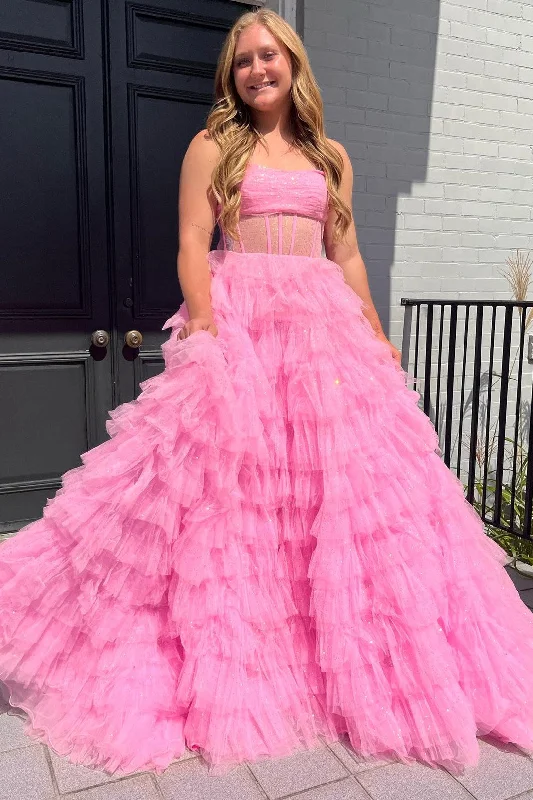 Pink Strapless Tulle Sequin A-Line Prom Gown