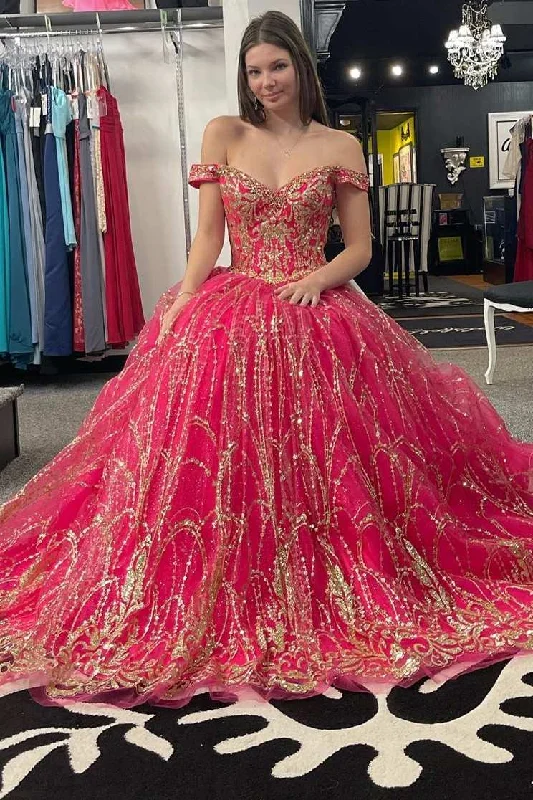 Princess Off-the-Shoulder Red Sequin Lace Ball Gown