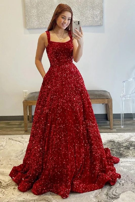 Red Sequin Square Neck Open Back Ball Gown