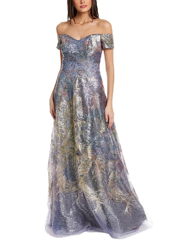 Rene Ruiz Sequin Off-The-Shoulder Gown