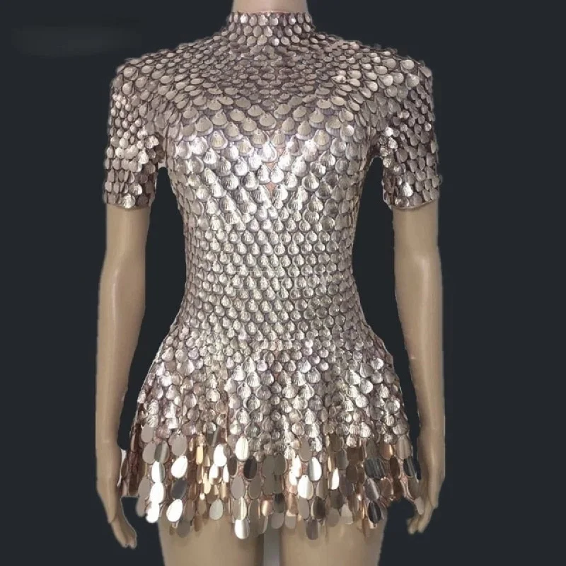 Shimmering Sequins Mermaid Leotard Micro Dress