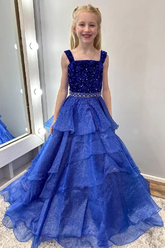 Royal Blue Sequin Beaded Multi-Layer Ruffle Girl Pageant Gown