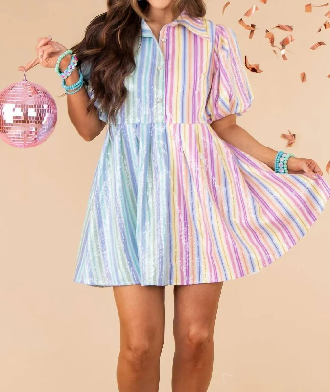 Split Color Sequin Stripe Dress In Multi