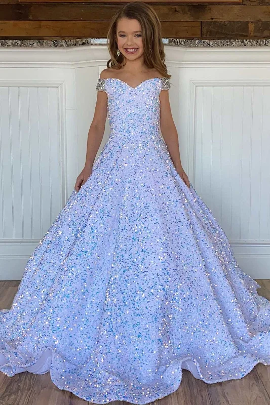 White Iridescent Sequin Beaded Off-the-Shoulder A-Line Girl Pageant Dress