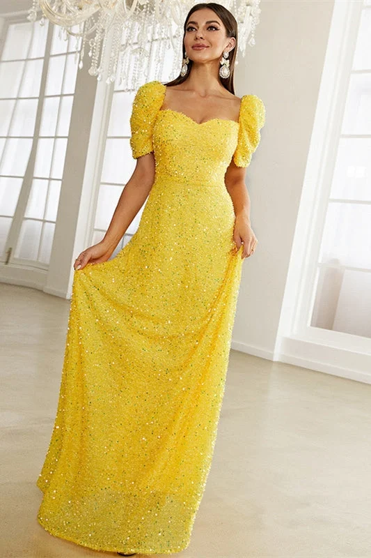 Yellow Sequin Sweetheart Puff Sleeve A-Line Prom Dress