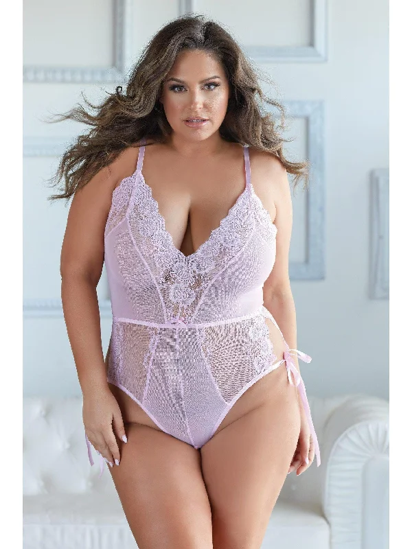 Belle Teddy, super flirty in Lace & Mesh tie-up teddy. Deep V front, & sheer back, Plus size