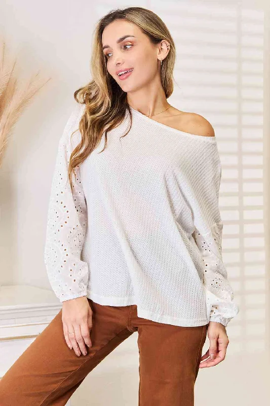 Double Take Eyelet Dropped Shoulder Round Neck Blouse, Also Plus sizes