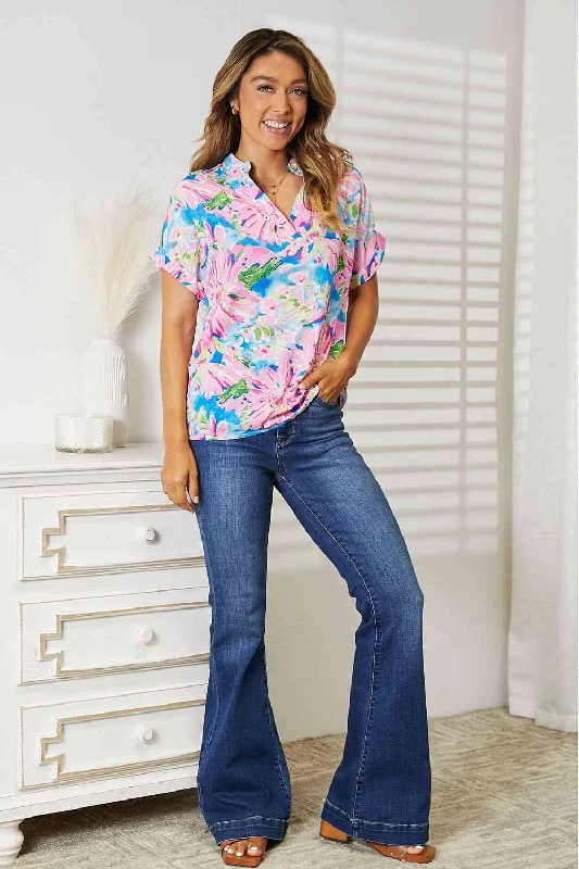 Double Take Floral Notched Neck Short Sleeve Top, Also Plus sizes