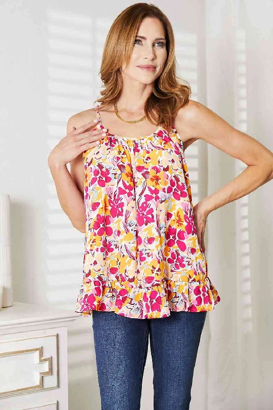 Double Take Floral Scoop Neck Ruffle Hem Cami, Also in Plus sizes